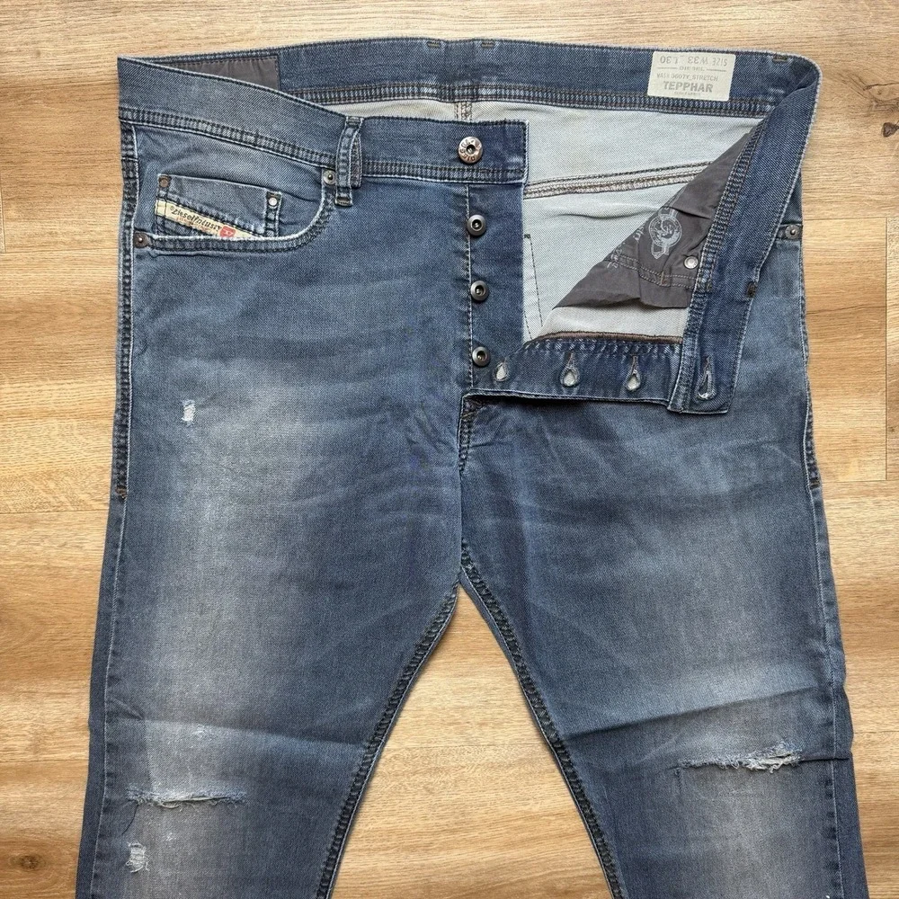 Diesel Tepphar Jeans Men 33x26 Blue Slim Carrot Stretch Dark Wash Distress 0607Y